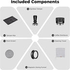 IKAPE 58MM Espresso Tamper Kit Black 6 IN 1, Coffee Tamper Set Including Tamper, Distributor, Magnetic Dosing Funnel, Silicone Mat, Puck Screen, and Cleaning Towel
