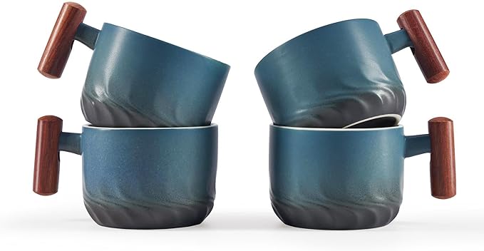 2.5oz Ceramic Espresso Cups with Wooden Handle, Small Coffee Cups Double Shot Espresso Cups Set of 4