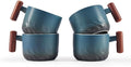 6oz Ceramic Espresso Cups with Wooden Handle, Small Coffee Cups for Latte Cappuccino, Tea Cups Set of 4