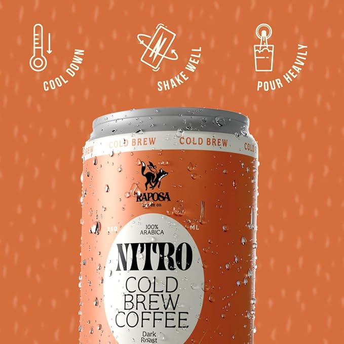 Raposa Nitro Cold Brew Ready to Drink Coffee 250ml - 8.45oz - Dairy Free - Cold brew ready to drink, Non GMO, No Artificial Anything - 225mg Caffeine (Classic Dark Roast)
