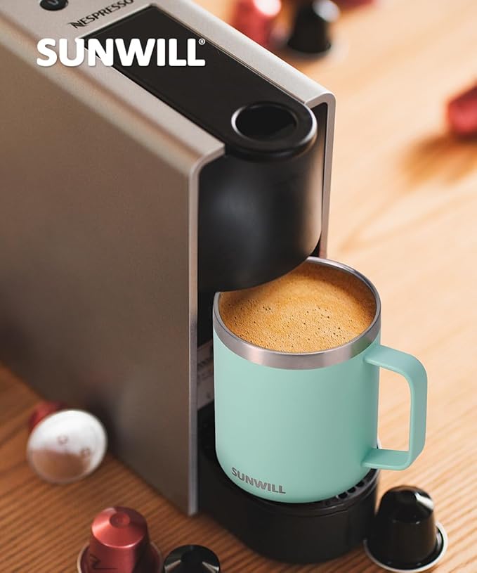 SUNWILL Insulated Coffee Mug with Lid, Travel Tumbler with Handle, 14 oz Stainless Steel Cup for Camping, Office, Home, Powder Coated Mint