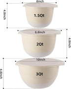 3 Plastic Mixing Bowls with Pour Spout,Lids and TPR Non-Slip Bottom,3Qt,2Qt,1.5Qt,Nesting Bowl Set for Kitchen Prep,Baking,Storage,Batter,Small,BPA free,Dishwasher Safe,Easy to Grip,White