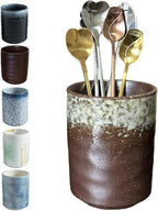 Stoneware Coffee Bar Utensil Holder Tea & Coffee Spoon & Stirrer Holder for Stir Stick Straw Teaspoon Holder Spoon Cup Small Utensil Jar (Retro Rustic Brown)