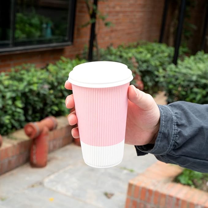Restaurantware 16 Ounce Ripple Wall Disposable Coffee Cups, 500 Insulated Light Pink Paper Tumblerss for Hot Drinks like Tea and More, Rolled Rim Design, Lids Sold Separately