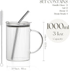 KEMORELA 2 Pack Fine-Ribbed Glass Tumblers with Handle and Lid – 1000ml / 34oz Iced Coffee Cups with Reusable Straws – Large Clear Glass Mugs for Smoothies, Juice & Daily Drinks (2 Pack-Ribbed-Fine)