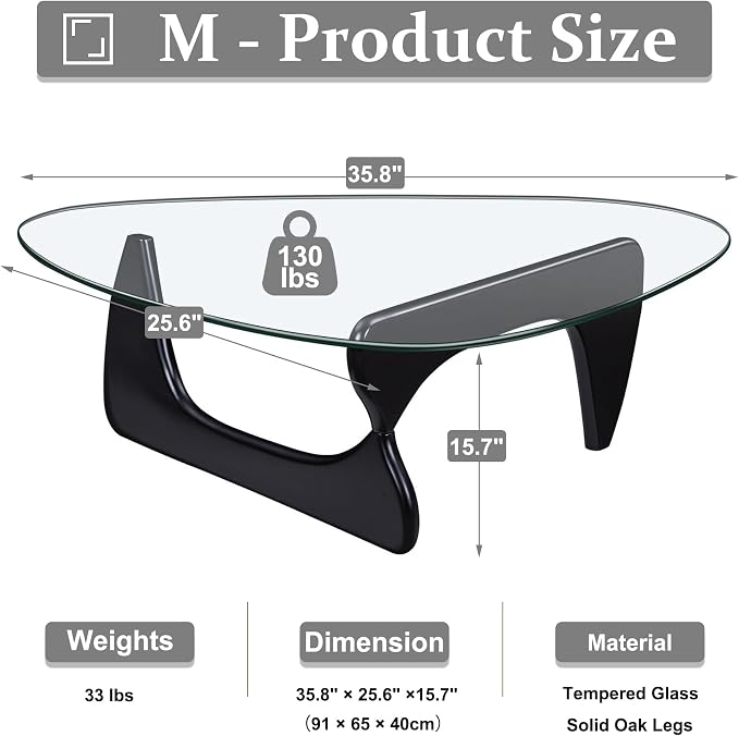 Mid-Century Modern Coffee Table, Tempered Glass Top & Natural Wood Base - Image 2