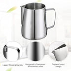4Pieces Stainless Steel Milk Frothing Pitcher Set, Latte Art Barista Steaming Pitchers Set -Include Milk Frother Cup, Latte Art Pen, Powder Shaker, 5pcs Coffee Decorating Stencils (600ml/20oz)