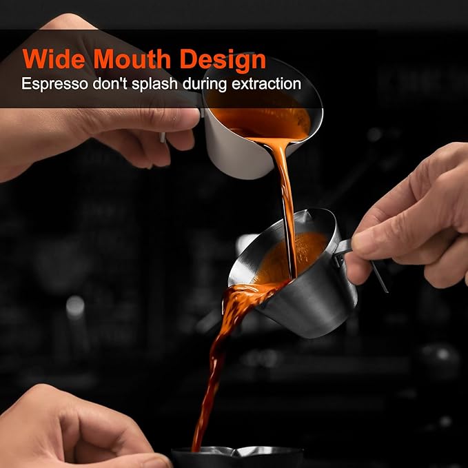 MHW-3BOMBER Espresso Measuring Cups, Double Spouts Stainless Steel Espresso Pour Cup, Espresso Shot Cups with Handle Scale, Metal Measuring Cups with V-Shaped Mouth, 3.4OZ/100ML Silver G5146BL-OS