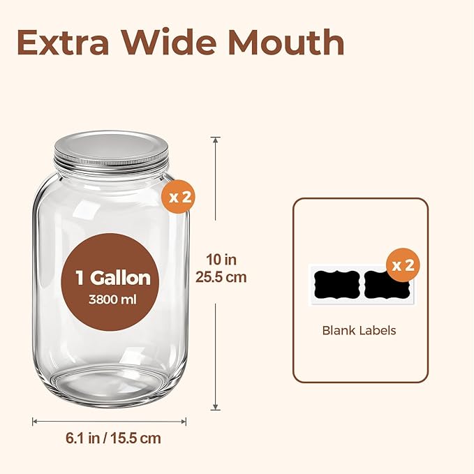 ComSaf 1 Gallon Wide Mouth Mason Jars 2 Pcs, 128 oz Glass Jars with Lids, Flour Sugar Storage Containers, Large Glass Containers for Pickles, Fermented Food, Sourdough Starter, Food Storage