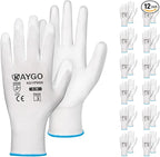 KAYGO Safety Work Gloves PU Coated-12 Pairs, KG11PB, Seamless Knit Glove with Polyurethane Coated Smooth Grip on Palm & Fingers, for Men and Women, Ideal for General Duty Work (Medium, White)