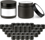 2 oz Glass Jars with Lids, Bumobum 48 pack Black Cream Jars with Black Lids, Black and White Labels & Inner Liners, Empty Cosmetic Containers for Cream, Lotion, Ointment