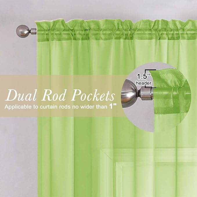Lime Sheer Curtains for Living Room 54 Inch Length 2 Pcs, Solid Color Voile Rod - Image 5