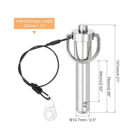 uxcell 1 Pcs Quick Release Pin, 1/2" x 2.52"(Dia. x L) Push-Button Ball Locking Pin 304 Stainless Steel Ring Handle Locking Pin with Wire for Audio Bimini Top Marine, Silver