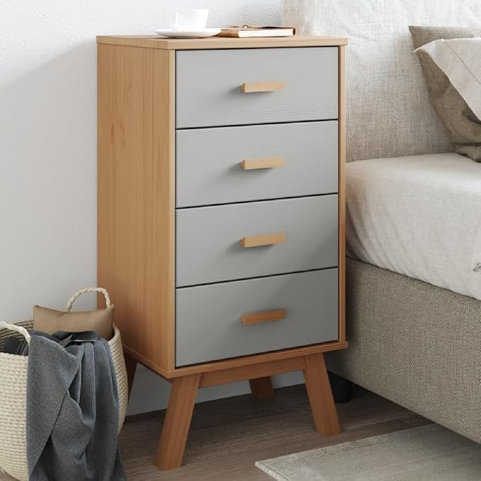 Grey and Brown Solid Pine Wood Bedside Cabinet by EDNRSOG