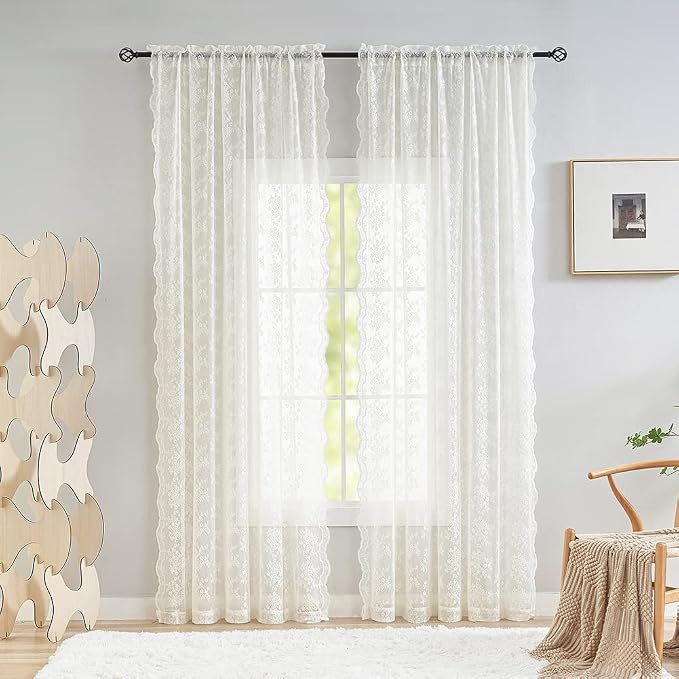 YJ YANJUN Vintage Lace Curtains 108 inches Long 2 Panels Set French Country by YJYANJUN