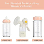 COMI Wide Neck Glass Breastmilk Collection n Storage Bottle, 8oz with Screw Ring Sealing Disk; Re-markable Sealing Disc. BPA Free, Fits Breast Pumps & Nipples (2 Pink Lids)