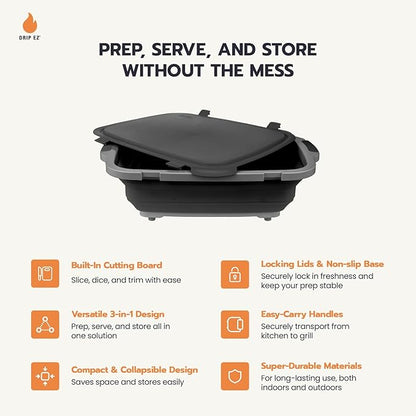 Drip EZ Collapsible BBQ Prep Tub - For Meal Prep Marinating Food Storage - Includes Cutting Board & Locking Lid - (1) XL - Orange