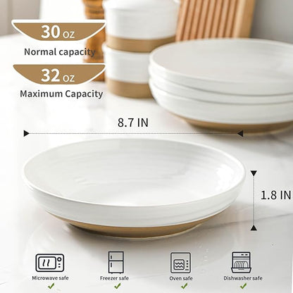 Hasense Pasta Bowls Set of 4, 8.7 Inch Ceramic Serving Bowls for Entertaining, 32 Oz Stackable Bowl Set for Soup, Pasta, Salad - Dishwasher & Microwave Safe, White