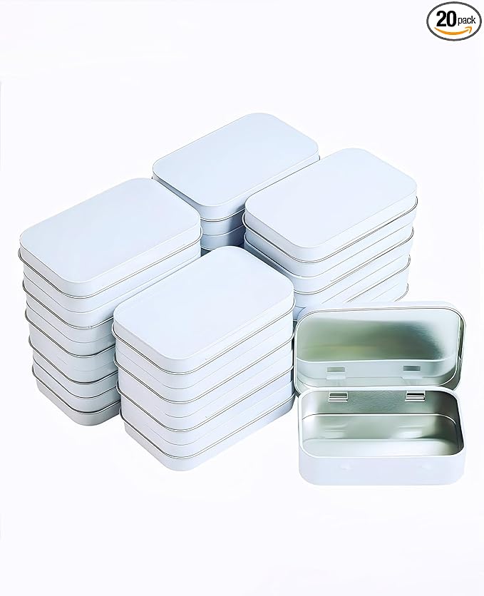 Small Metal Box With Lid-Cookie Tins Metal Tins With Lids Lens Wipes Storage Container Mini Portable Box,Empty Hinged Tin,For Organize Mint Candy Jar,Sewing (White, 20 Pcs 3.7" x 2.4" x 0.8")