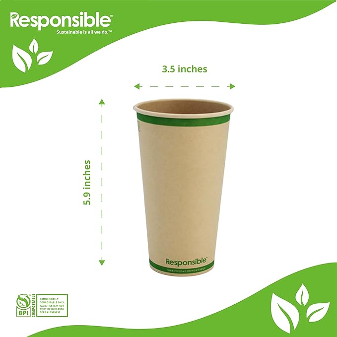 Certified Compostable 20 oz Paper Cups, Cold ＆ Hot Coffee Cups, Disposable Paper Cups, Extra Strength Disposable Cups, Made without PFAS (50 count)