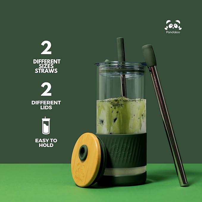 Pandaloo® Glass Cups With Lids and Straws -20 Fl Oz- Perfect Size Iced Coffee Cup - Smoothie Cup With Bamboo Lid and On the go Lid - Glass Tumbler (2 Count (Pack of 1), Black Saphir-Tender Pink)