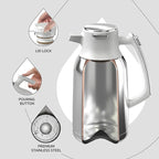IDEUS Thermal Coffee Carafe 68oz (2,000ml), Stainless Steel Double Wall Insulated Vacuum Flask, Water Jug Coffee Server and Beverage Dispenser, Heat and Cold Retention (White-Silver, 68oz (2,000ml))