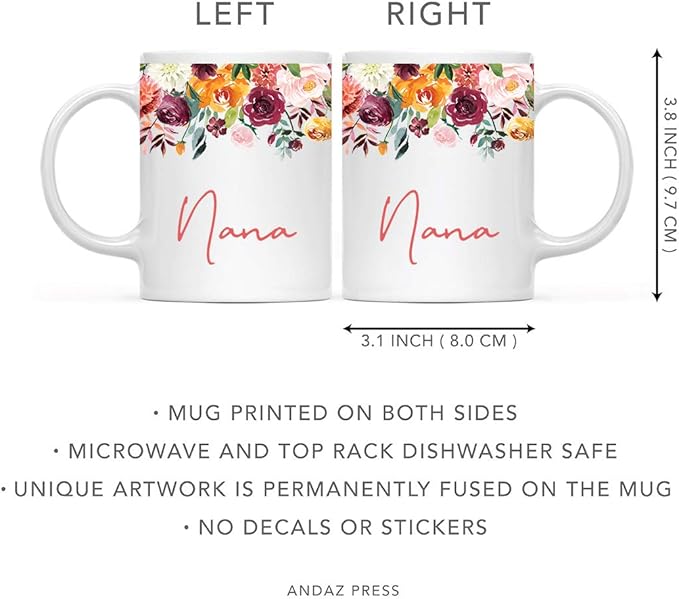 Andaz Press 11oz. Mother's Day Ceramic Coffee Tea Mug Gift, Fall Autumn Burgundy Orange Peach Flowers Roses Florals, Nana, 1-Pack