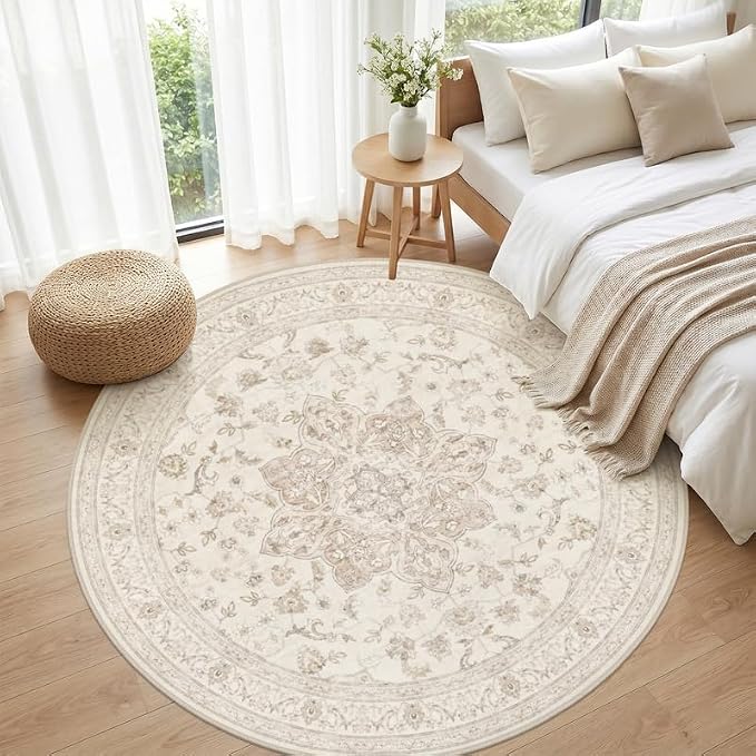 Round Area Rug Living Room: 8ft Washable Carpet Beige White | Vintage Boho - Image 4