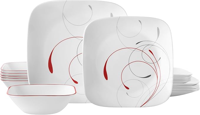 Corelle Vitrelle 18-Piece Service for 6 Dinnerware Set Triple Layer Glass and Chip Resistant, Lightweight Square Plates and Bowls Set, Splendor