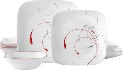 Corelle Vitrelle 18-Piece Service for 6 Dinnerware Set Triple Layer Glass and Chip Resistant, Lightweight Square Plates and Bowls Set, Splendor