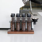 watchget Single Dose Coffee Storage Tubes 10 Pcs Dosing Glass Vials with One-way Exhaust Valve Lids Coffee Bean Storage Coffee Bean Cellar with Hopper & Wood Base, B