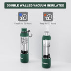 Slim Insulated Water Bottles for Travel 25oz with Clip, Double Wall Vacuum Stainless Steel Water Bottle Keeps Drinks Cold 24 Hrs/Hot 12 Hrs, 100% Leakproof, BPA Free(Emerald Green)