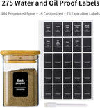 10Pcs 7oz Spice Jars Glass Container with 275 Labels, Airtight Seasoning Empty Organizer with Bamboo Lid Set for Pepper, Salt, Sugar