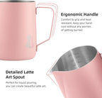 Pink Milk frother - 350ml/12OZ Milk Frothing Pitcher, Milk Frother Cup Espresso Steaming Pitcher for Barista, Bincoo 304 Stainless Steel Espresso Steaming Pitchers for Latte Art/Cappuccino/Coffee/Milk