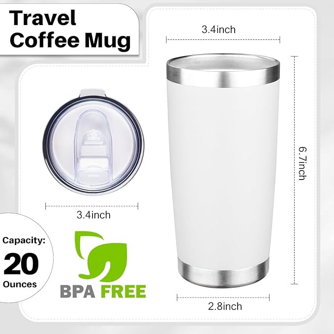 20oz Tumbler with Lid Double Wall Vacuum Insulated Travel Coffee Mug Stainless Steel Thermal Cup Powder Coated Sturdy Coffee Tumbler Bulk for Hot and Cold Beverage (White,4)