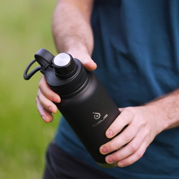 IDEUS Insulated Stainless Steel Water Bottle with 2 Leak-Proof Lids, Thermal Water Flask for Hiking Biking, 32oz, Red