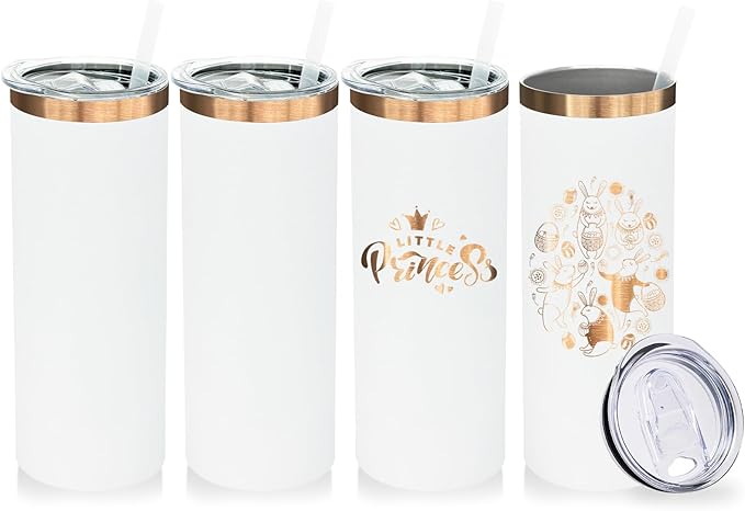 20 oz Skinny Tumblers Bulk 4 Pack, Stainless Steel Insulated Tumbler with Lids and Straws, Slim Double Wall Powder Coated Travel Coffee Mugs Reusable Cup for Hot Cold Drinks (White,4 pack)