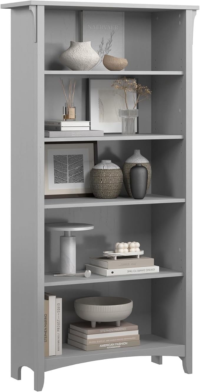 Bush Home Salinas 5 Shelf Bookcase in Cape Cod Gray, Tall Bookshelf, Large Book by BushHome