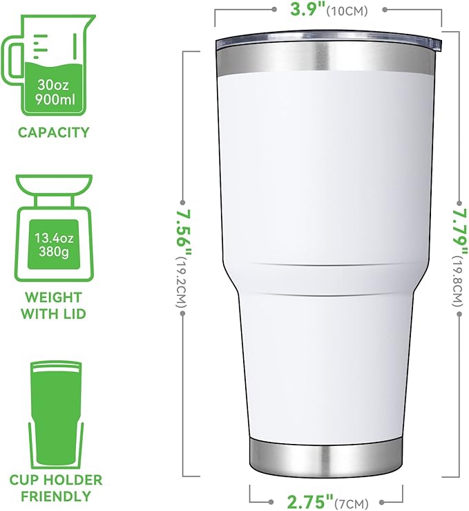DOMICARE 30 oz Tumbler with Lid and Straw, Stainless Steel Tumblers Bulk, Insulated Vacuum Double Wall Travel Coffee Mug, Durable Powder Coated Tumbler Cups (White, 8)