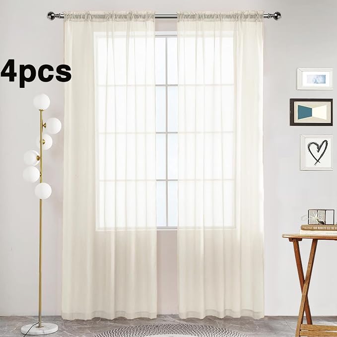 SpaceDresser Ivory Sheer Curtains 4 Panels Rod Pocket Semi-Sheer Curtain 63 - Image 2