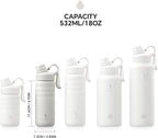 IDEUS Insulated Stainless Steel Water Bottle with 2 Leak-Proof Lids, Thermal Water Flask for Hiking Biking, 18oz, White