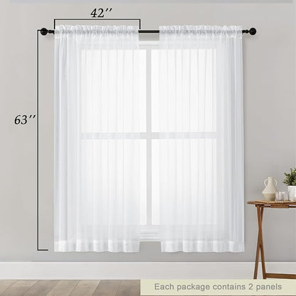 White Sheer Curtains 63 Inch Length 2 Panels Set - Image 2