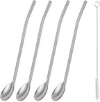 4Pcs Stainless Steel Straws Spoons, 2 in 1 Reusable Snow Cone Drinking Stainless Steel Ice Tea Metall Long Spoons Straws with 1 Cleaning Brushes for Cocktail Milkshake(4)
