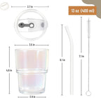 13 oz Glass Tumbler with Glass Straw and Lid, Leak-Proof Reusable Travel Cup for Iced Coffee, Tea, Matcha, Fruit Juice – Thick Wall Clear Water Bottle (Iridescent Shimmer, 4 Pack)