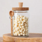 Glass Jars Containers with Wooden Handles Lids and Scoop Clear Canister Jars Set with Spoon for Kitchen Food Storage Coffee Tea Sugar Decorative Countertop Organization Jars 25 oz