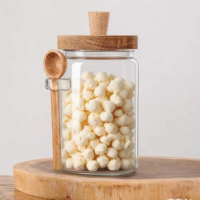 Glass Jars Containers with Wooden Handles Lids and Scoop Clear Canister Jars Set with Spoon for Kitchen Food Storage Coffee Tea Sugar Decorative Countertop Organization Jars 25 oz