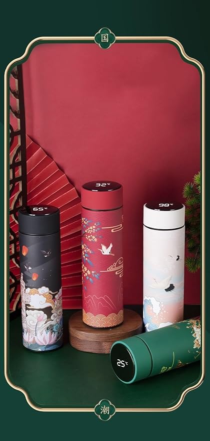 Insulated Coffee Tea Travel Thermos Mug Water Bottle with Removable Strainer and Temperature Featuring Elegant Asian Art Design - 16.9 fl oz (Blue)