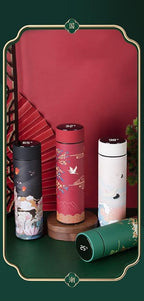 Insulated Coffee Tea Travel Thermos Mug Water Bottle with Removable Strainer and Temperature Featuring Elegant Asian Art Design - 16.9 fl oz (Blue)