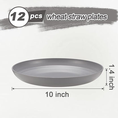 12 Pcs Unbreakable Deep Dinner Plates Set, 10 inch Reusable Plastic Wheat Straw Plates, Microwave and Dishwasher Safe Plate for Kitchen, Lightweight Plate for Dessert, BPA Free, Gray