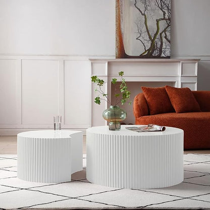 White Round Coffee Table Nesting Coffee Table Set of 2 Circle Fluted Cofee - Image 7